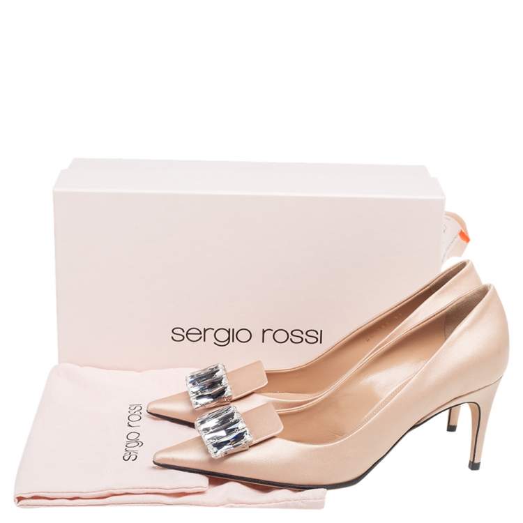 Pre Owned Sergio Rossi Beige Satin Crystal Embellished Pumps Size 37