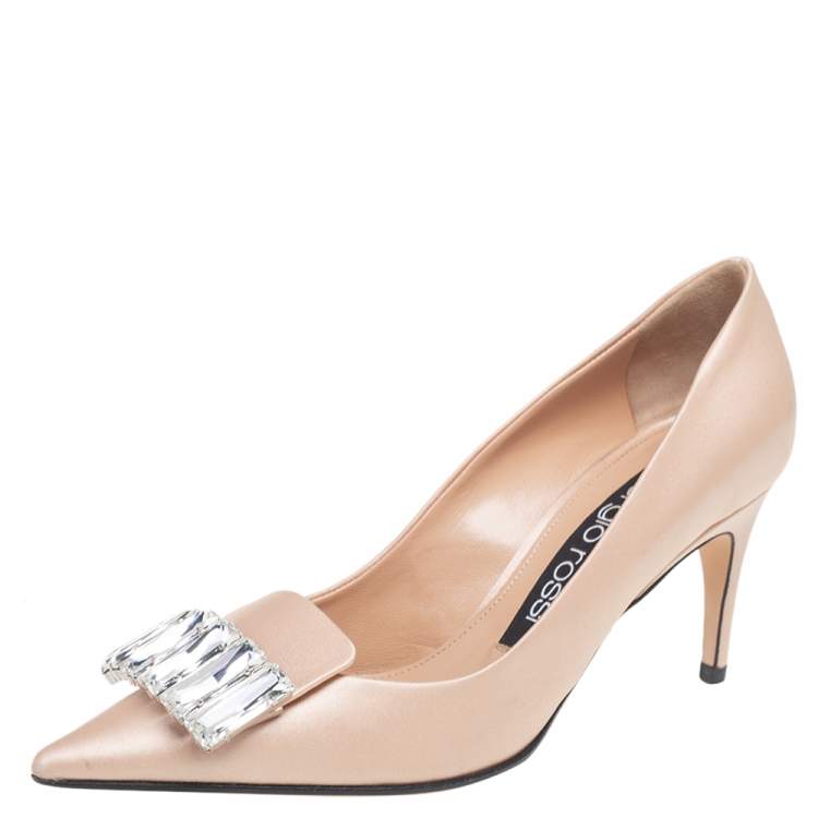Pre Owned Sergio Rossi Beige Satin Crystal Embellished Pumps Size 37