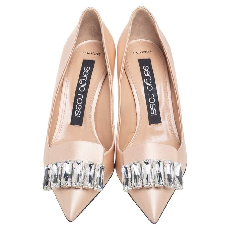 Pre Owned Sergio Rossi Beige Satin Crystal Embellished Pumps Size 37