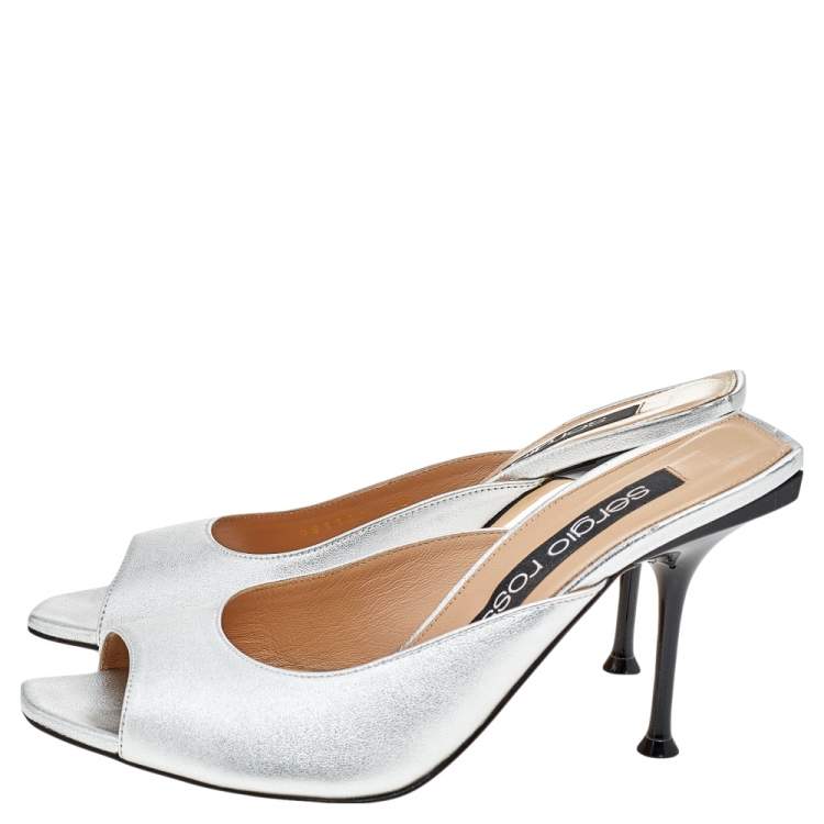 Pre Owned Sergio Rossi Metallic Silver Leather Slide Sandals Size 38