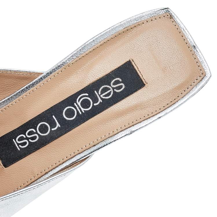 Pre Owned Sergio Rossi Metallic Silver Leather Slide Sandals Size 38