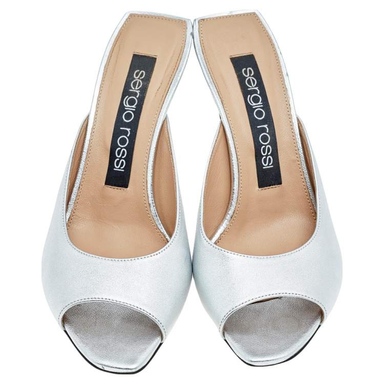 Pre Owned Sergio Rossi Metallic Silver Leather Slide Sandals Size 38
