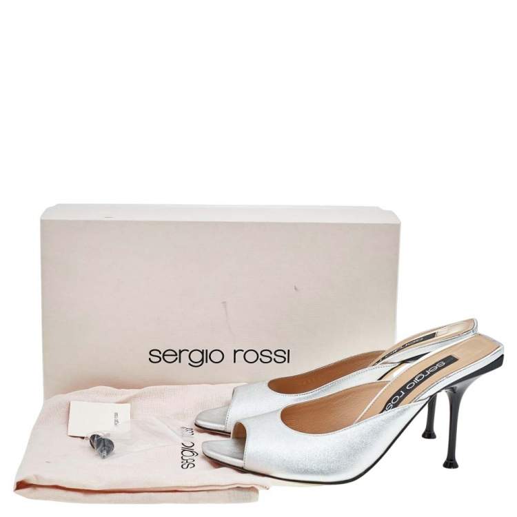 Pre Owned Sergio Rossi Metallic Silver Leather Slide Sandals Size 38
