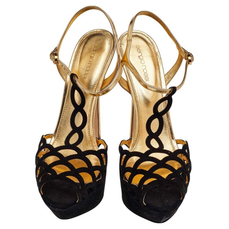 Pre Owned Sergio Rossi Black/Gold Suede And Leather Ankle Strap Platform Sandals Size 40