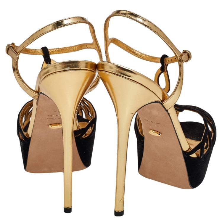 Pre Owned Sergio Rossi Black/Gold Suede And Leather Ankle Strap Platform Sandals Size 40