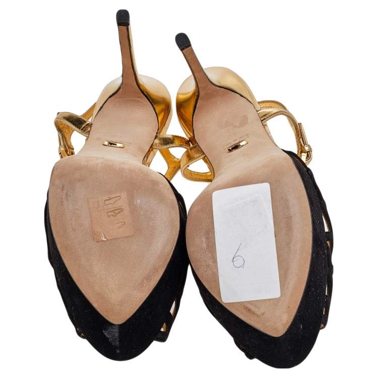 Pre Owned Sergio Rossi Black/Gold Suede And Leather Ankle Strap Platform Sandals Size 40