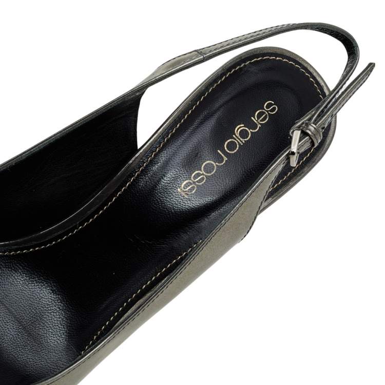 Pre Owned Sergio Rossi Metallic Grey Patent Leather Slingback Pumps Size 37.5