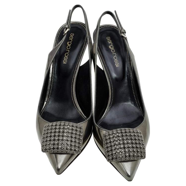 Pre Owned Sergio Rossi Metallic Grey Patent Leather Slingback Pumps Size 37.5