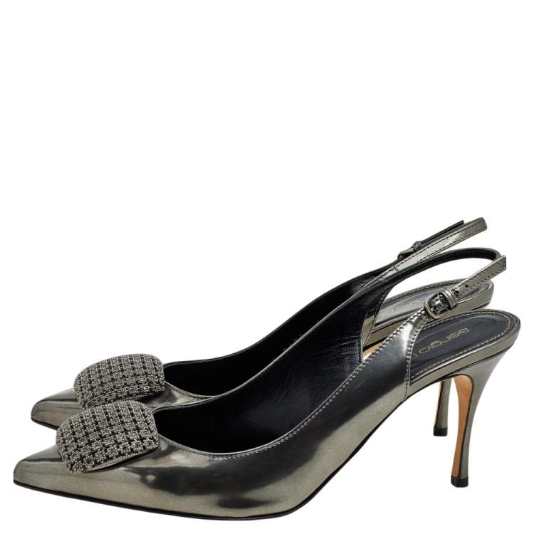Pre Owned Sergio Rossi Metallic Grey Patent Leather Slingback Pumps Size 37.5