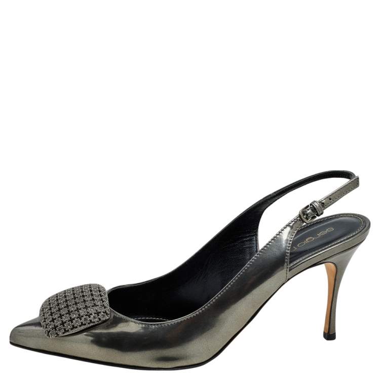 Pre Owned Sergio Rossi Metallic Grey Patent Leather Slingback Pumps Size 37.5