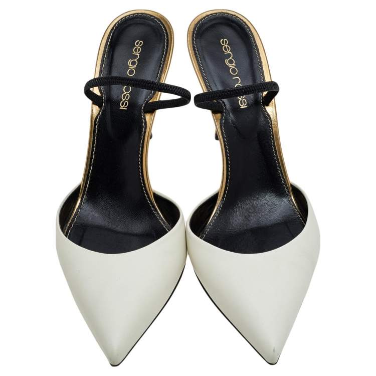 Pre Owned Sergio Rossi White Leather Pointed Toe Slingback Sandals Size 37.5