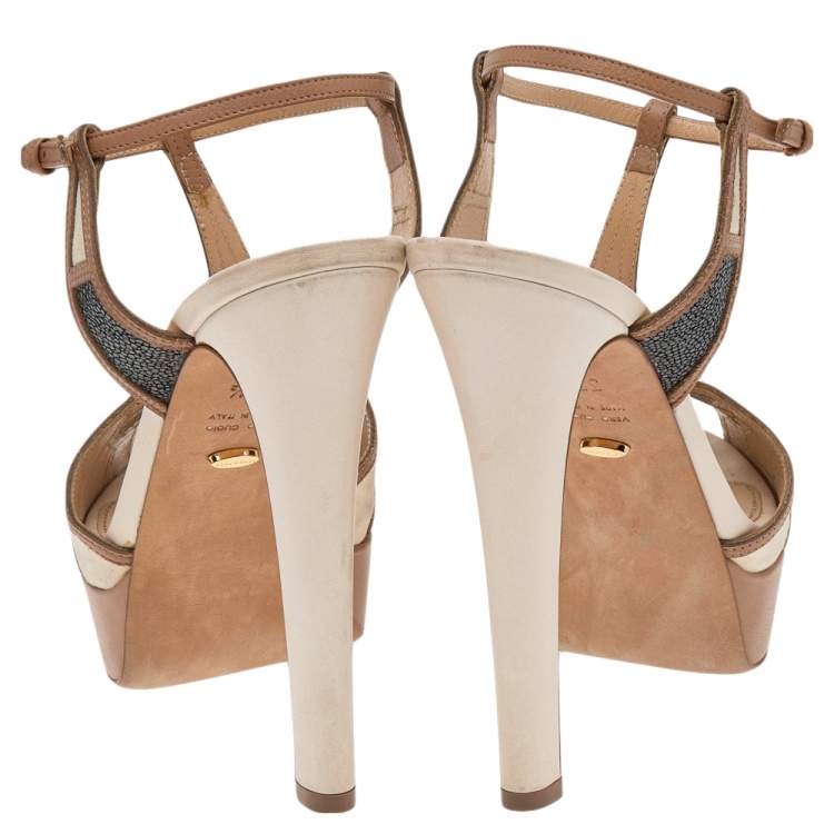 Pre Owned Sergio Rossi Multicolor Stingray Embossed Leather, Leather, and Suede Ankle Strap Platform Sandals Size 37.5