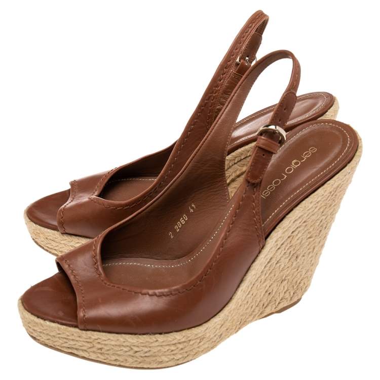 Pre Owned Sergio Rossi Brown Leather Espadrille Wedge Slingback Sandals Size 41