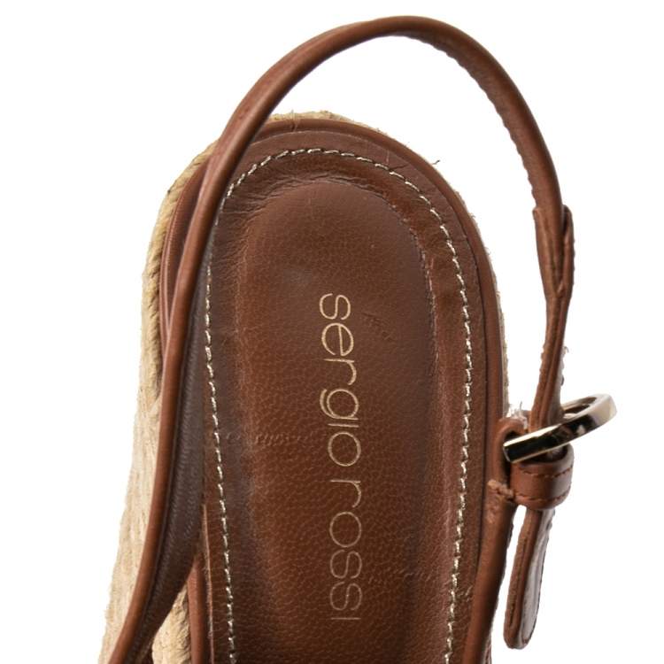 Pre Owned Sergio Rossi Brown Leather Espadrille Wedge Slingback Sandals Size 41