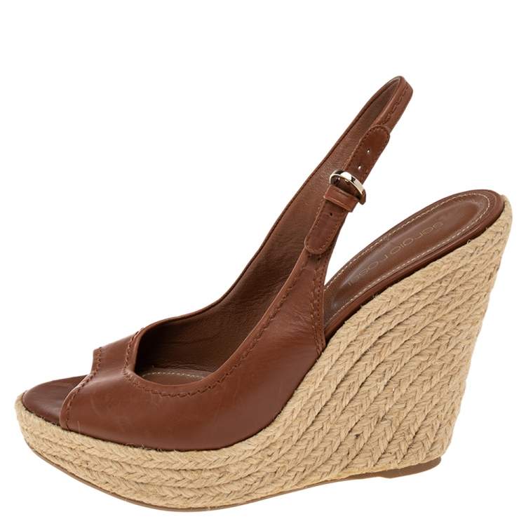 Pre Owned Sergio Rossi Brown Leather Espadrille Wedge Slingback Sandals Size 41