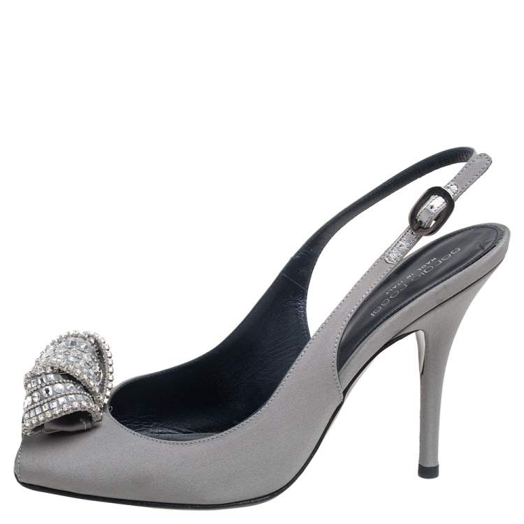 Pre Owned Sergio Rossi Grey Satin Crystal Embellished Knot Peep Toe Slingback Sandals Size 39.5