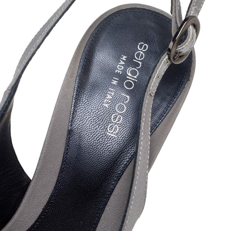 Pre Owned Sergio Rossi Grey Satin Crystal Embellished Knot Peep Toe Slingback Sandals Size 39.5