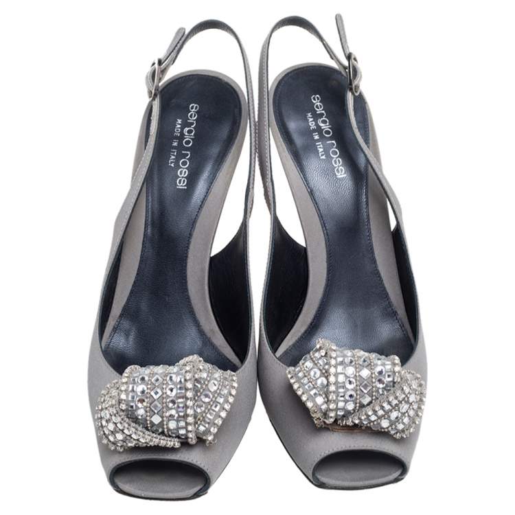 Pre Owned Sergio Rossi Grey Satin Crystal Embellished Knot Peep Toe Slingback Sandals Size 39.5