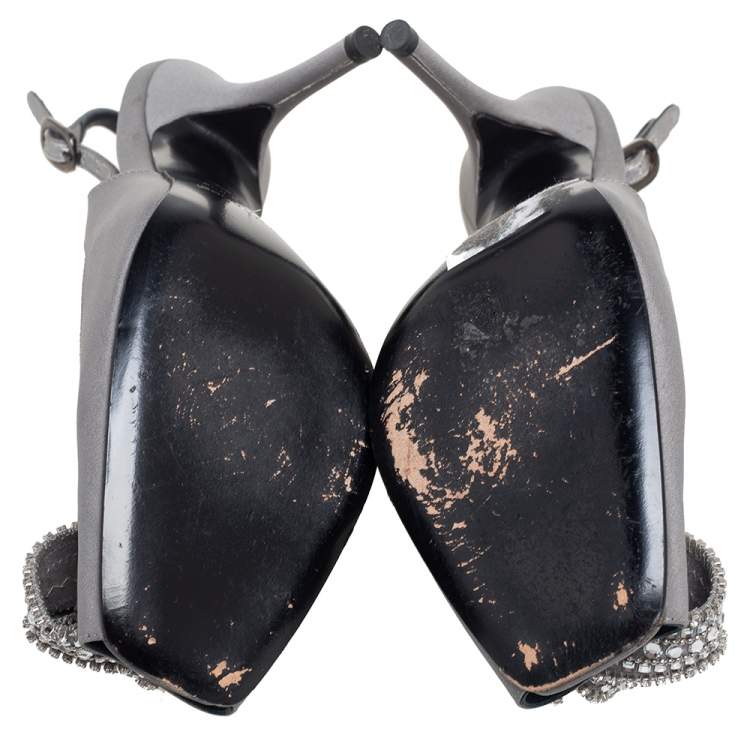 Pre Owned Sergio Rossi Grey Satin Crystal Embellished Knot Peep Toe Slingback Sandals Size 39.5