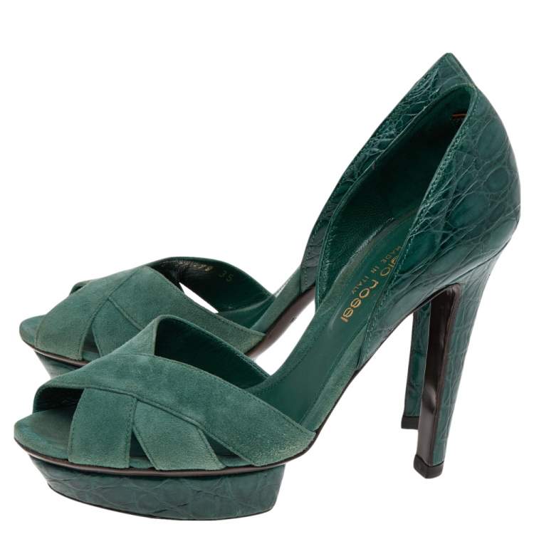 Pre Owned Sergio Rossi Green Suede And Croc Embossed Leather Platform Pumps Size 35