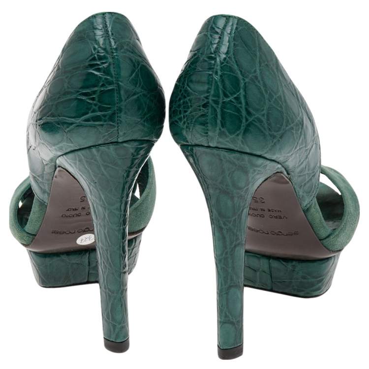 Pre Owned Sergio Rossi Green Suede And Croc Embossed Leather Platform Pumps Size 35