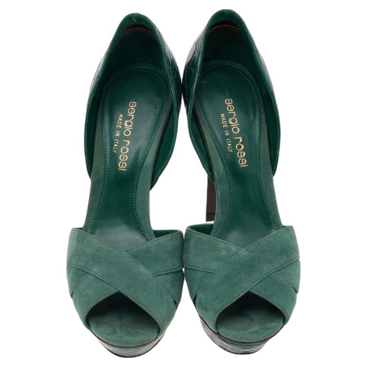 Pre Owned Sergio Rossi Green Suede And Croc Embossed Leather Platform Pumps Size 35