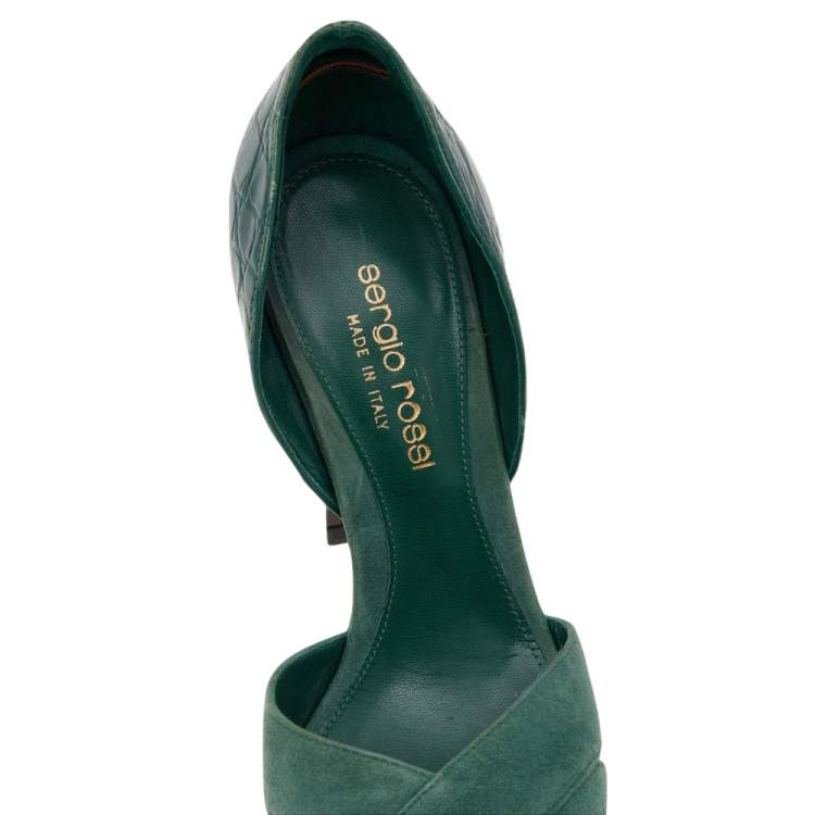 Pre Owned Sergio Rossi Green Suede And Croc Embossed Leather Platform Pumps Size 35