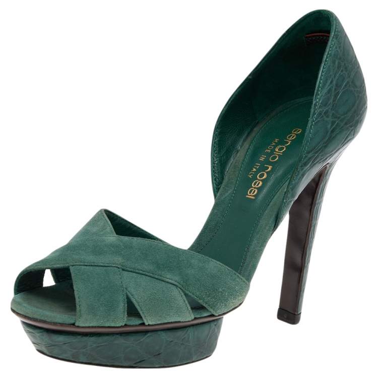 Pre Owned Sergio Rossi Green Suede And Croc Embossed Leather Platform Pumps Size 35