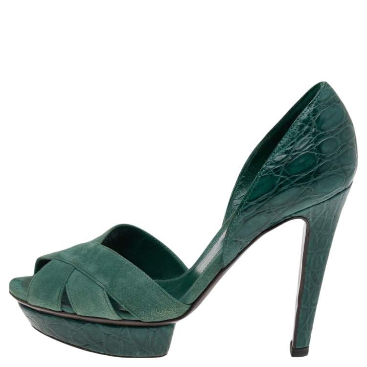 Pre Owned Sergio Rossi Green Suede And Croc Embossed Leather Platform Pumps Size 35
