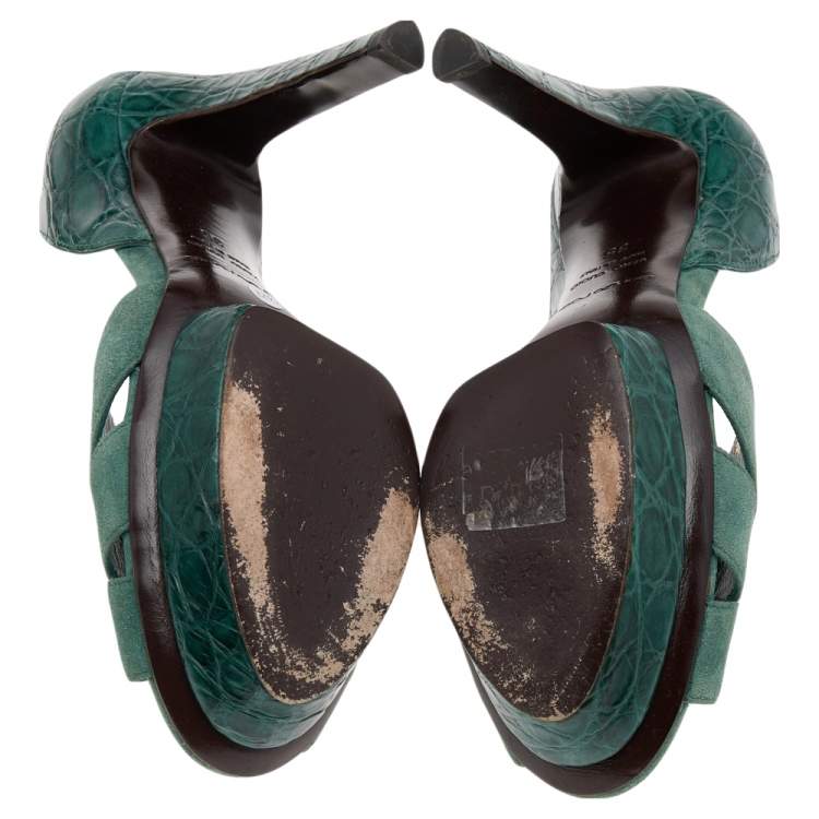 Pre Owned Sergio Rossi Green Suede And Croc Embossed Leather Platform Pumps Size 35