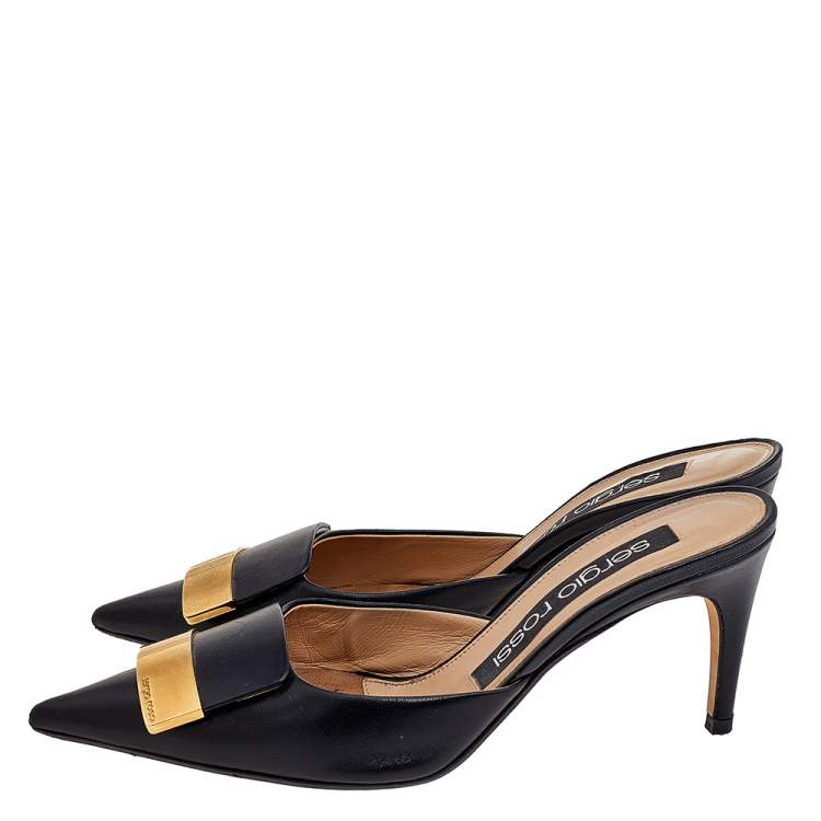 Pre Owned Sergio Rossi Black Leather SR1 Pointed Toe Mule Sandals Size 37
