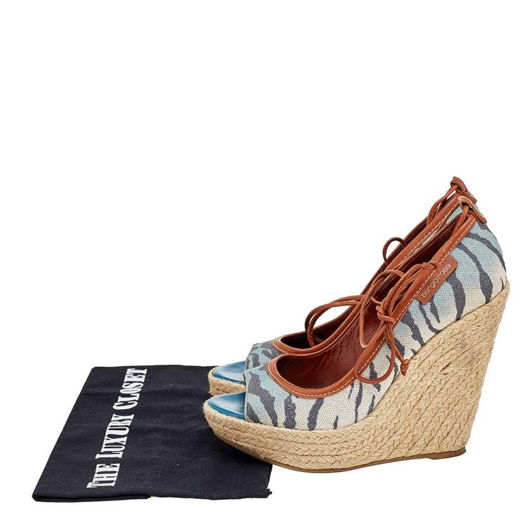 Pre Owned Sergio Rossi Multicolor Printed Canvas And Leather Espadrille Platform Wedge Pumps Size 37.5