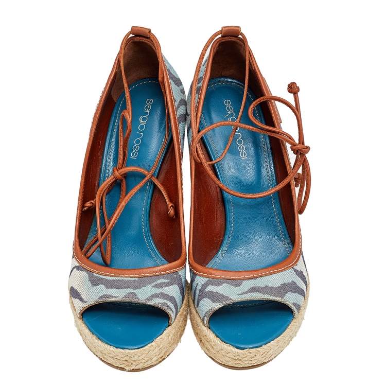 Pre Owned Sergio Rossi Multicolor Printed Canvas And Leather Espadrille Platform Wedge Pumps Size 37.5