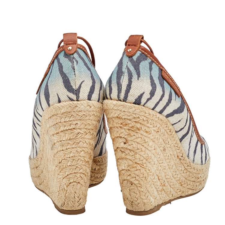 Pre Owned Sergio Rossi Multicolor Printed Canvas And Leather Espadrille Platform Wedge Pumps Size 37.5