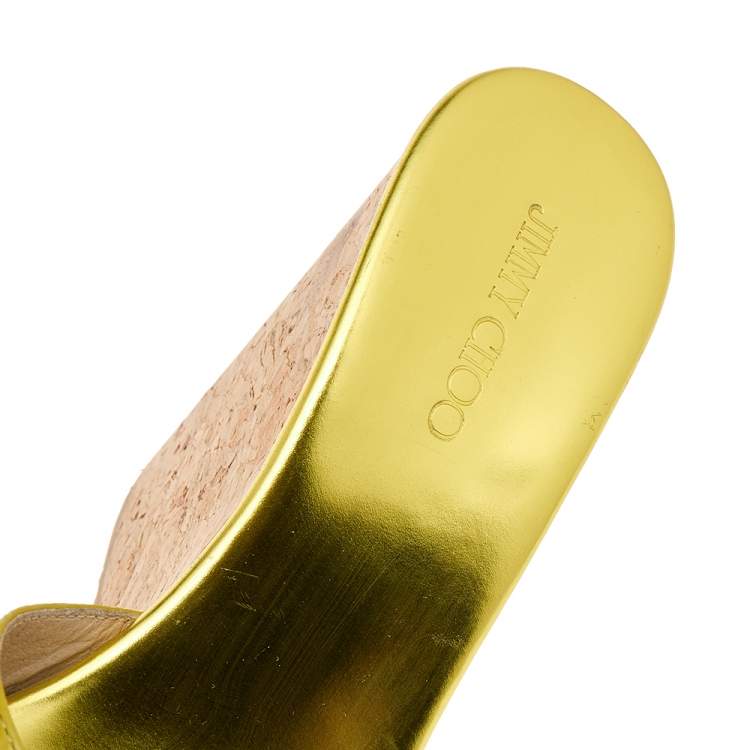Pre Owned Jimmy Choo Mustard Yellow Patent Leather Pandora Cork Wedge Platform Sandals Size 38