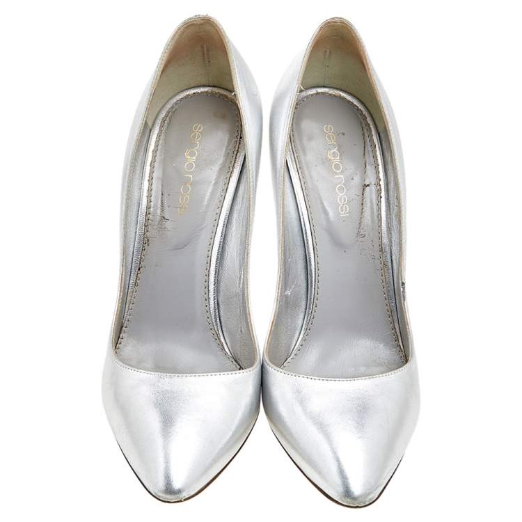 Pre Owned Sergio Rossi Metallic Silver Leather Almond Toe Pumps Size 37.5