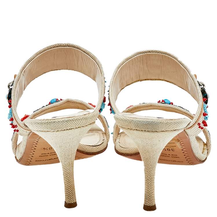 Pre Owned Sergio Rossi Beige Canvas Embellished Slide Sandals Size 39.5
