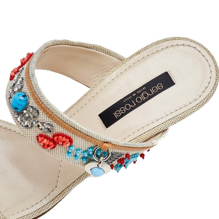 Pre Owned Sergio Rossi Beige Canvas Embellished Slide Sandals Size 39.5