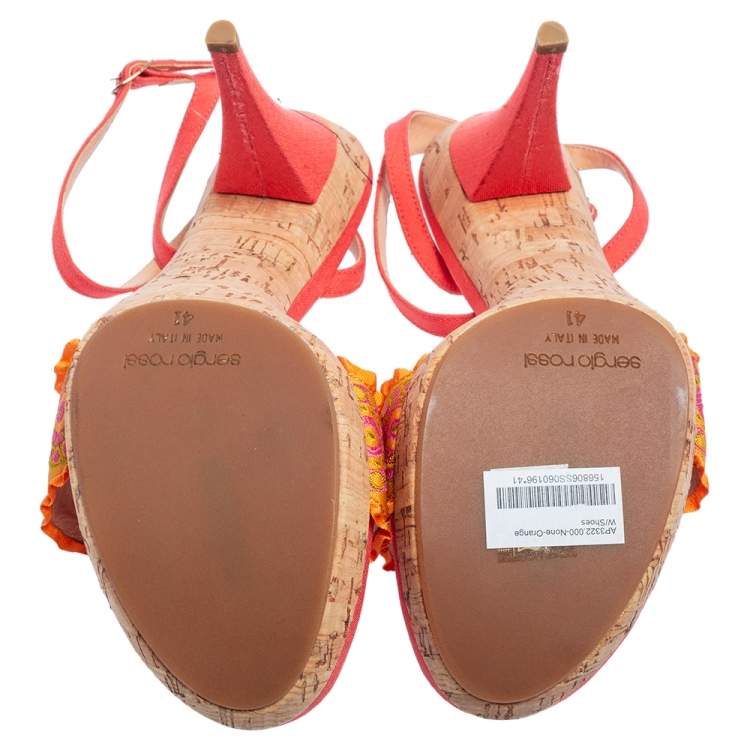 Pre Owned Sergio Rossi Orange Embroidered Fabric Ankle-Strap Sandals Size 41 
