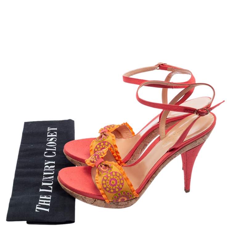 Pre Owned Sergio Rossi Orange Embroidered Fabric Ankle-Strap Sandals Size 41 