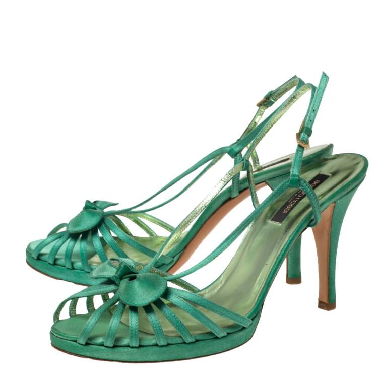 Pre Owned Sergio Rossi Green Satin Strappy Bow Sandals Size 41 