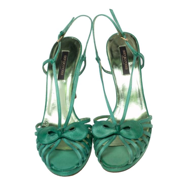 Pre Owned Sergio Rossi Green Satin Strappy Bow Sandals Size 41 