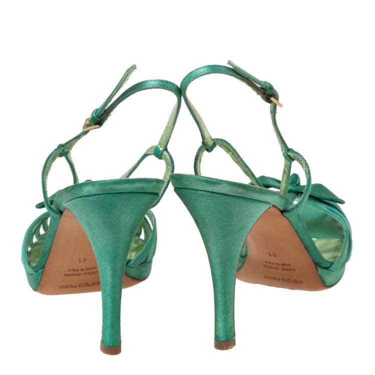 Pre Owned Sergio Rossi Green Satin Strappy Bow Sandals Size 41 