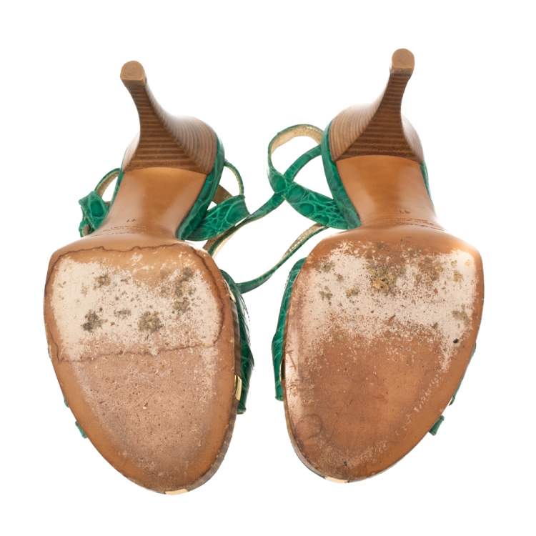 Pre Owned Sergio Rossi Green Croc Embossed Leather Ankle-Strap Sandals Size 41