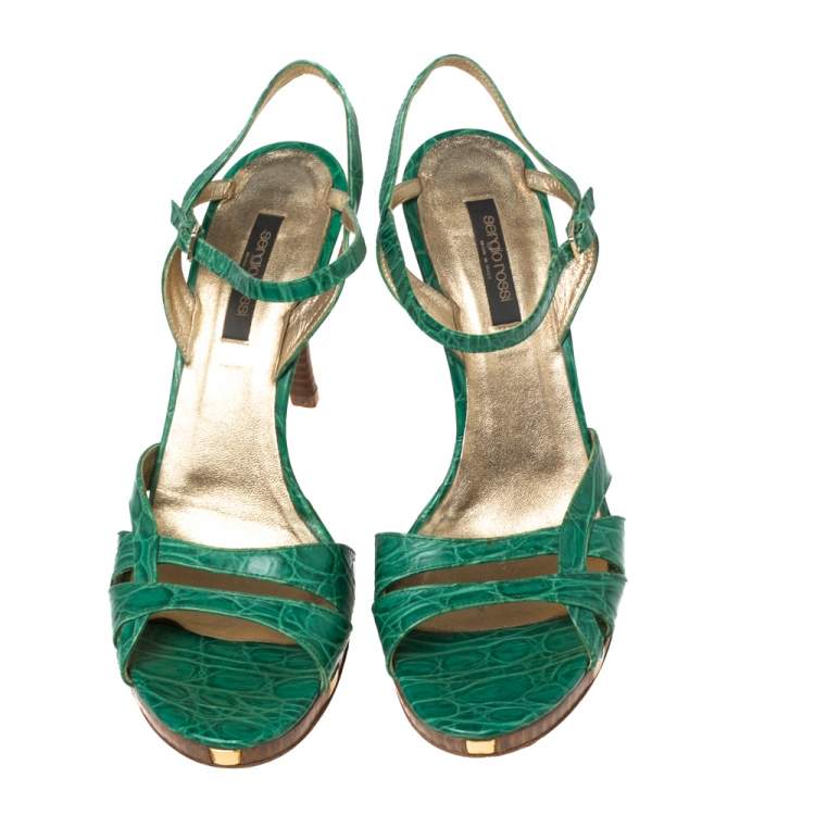 Pre Owned Sergio Rossi Green Croc Embossed Leather Ankle-Strap Sandals Size 41