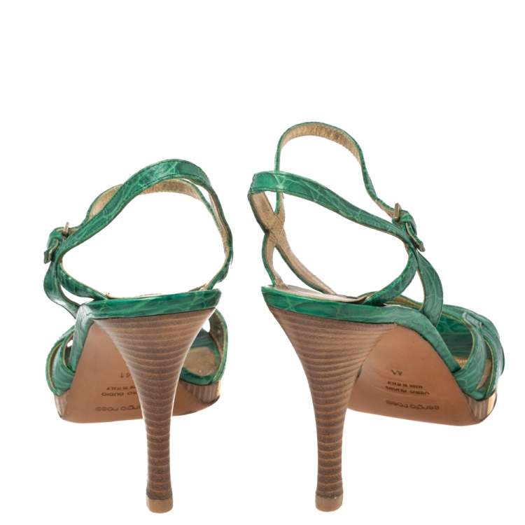 Pre Owned Sergio Rossi Green Croc Embossed Leather Ankle-Strap Sandals Size 41