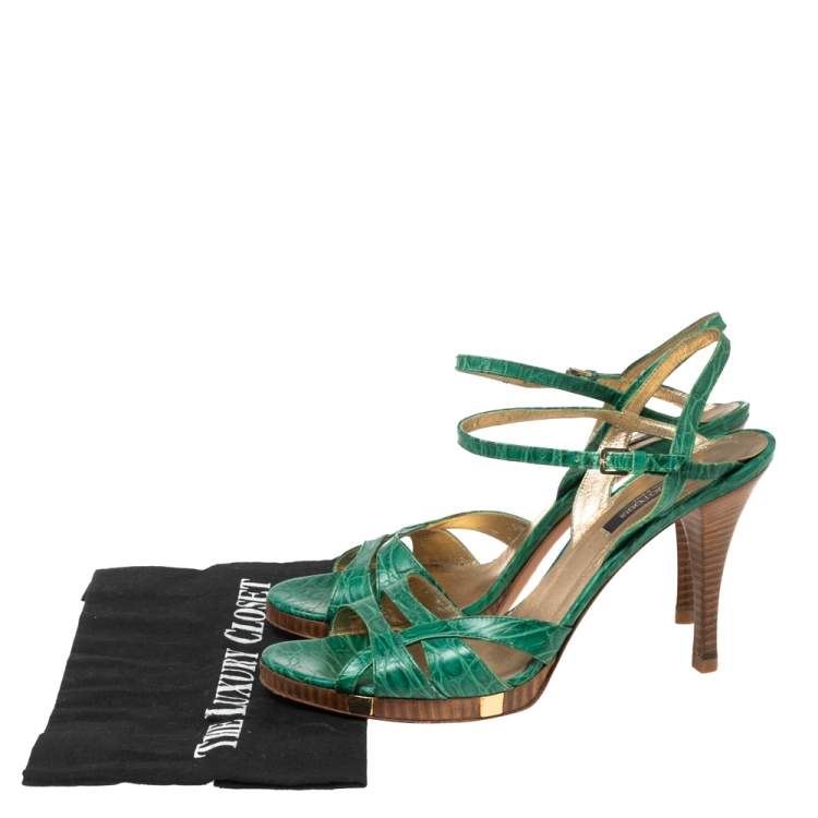 Pre Owned Sergio Rossi Green Croc Embossed Leather Ankle-Strap Sandals Size 41