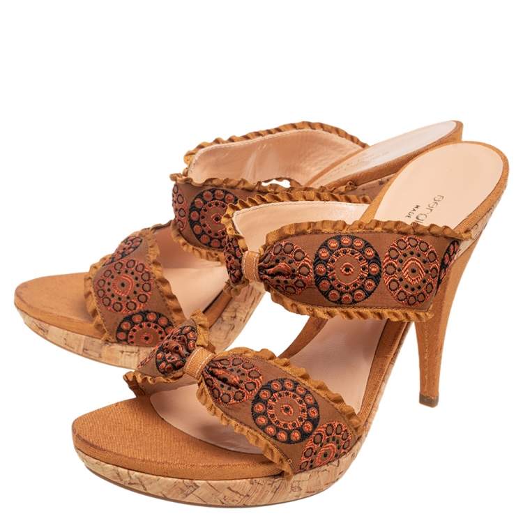 Pre Owned Sergio Rossi Mustard Brown Embroidered Fabric Double Bow Strap Slide Sandals Size 41