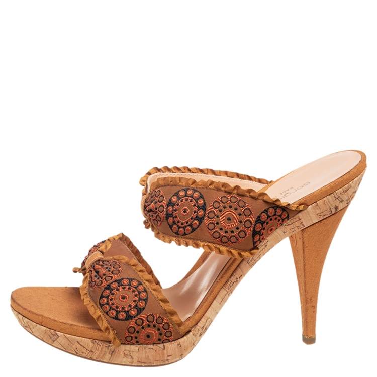 Pre Owned Sergio Rossi Mustard Brown Embroidered Fabric Double Bow Strap Slide Sandals Size 41