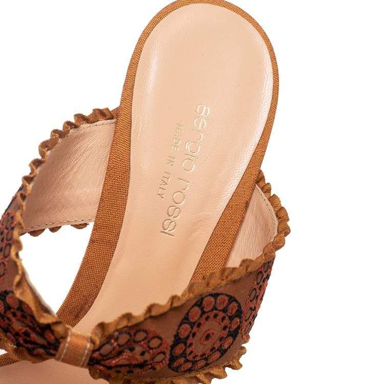 Pre Owned Sergio Rossi Mustard Brown Embroidered Fabric Double Bow Strap Slide Sandals Size 41